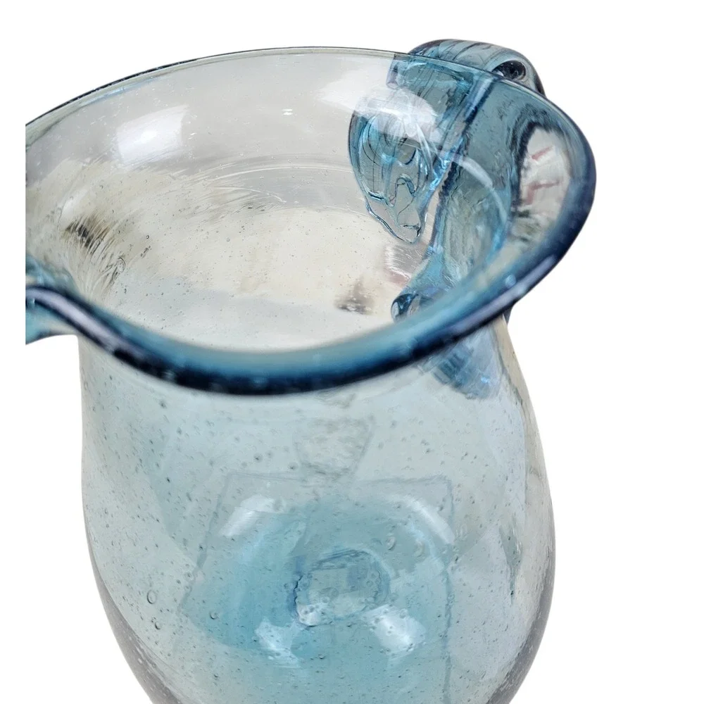 Handblown Seeded Blue Bubble Glass Pitcher Applied Handle Pinchd Spout Art Glass